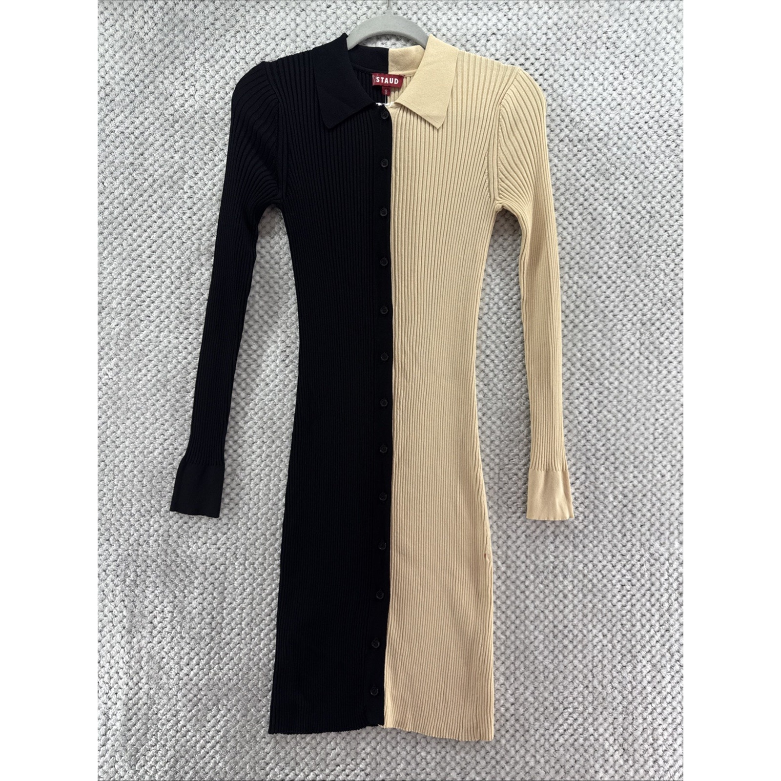 Staud Dress Womens S Black Beige Rib Knit Color Block Collared Button Front New